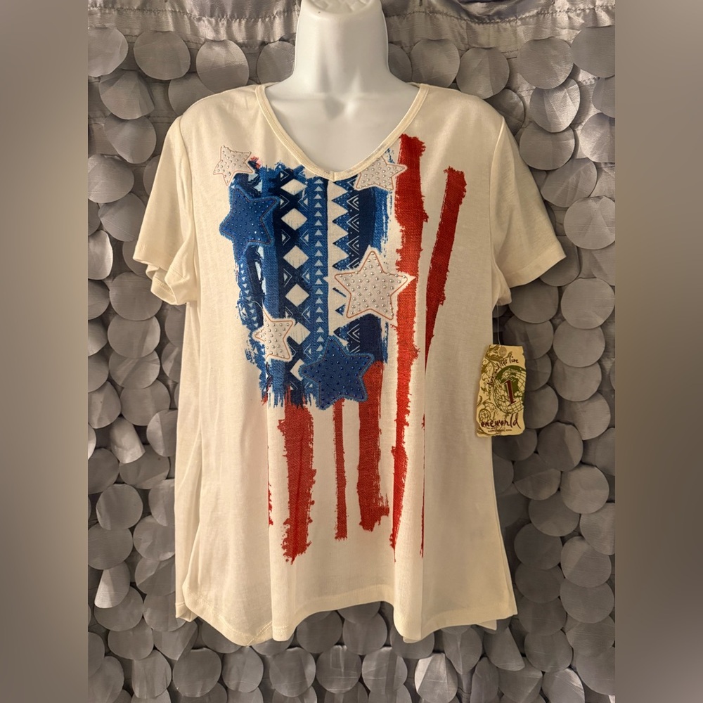ONE WORLD Cream Tee with Blue and Red Accents